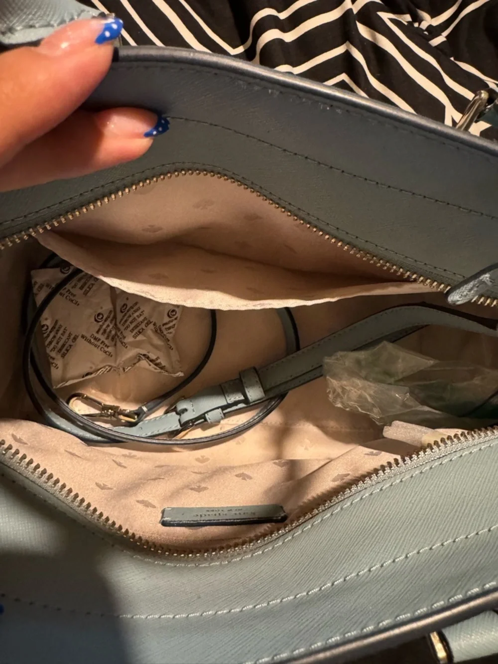 kate spade Light Blue Saffiano Satchel with Gold Logo